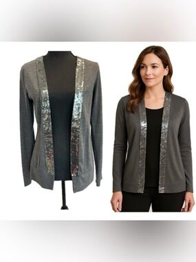 Gray Open-Front Sweater Cardigan with Sequin Trim